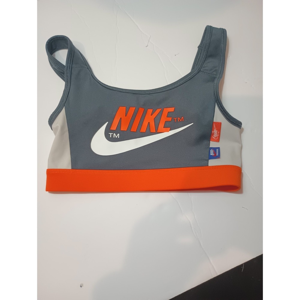Nike Dri-Fit Swoosh Trademark Graphic Sports Bra Gray Orange White Womens XS